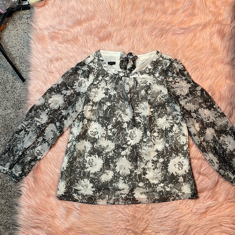 Talbots Tie Back Floral Scrolls Blouse Size Large